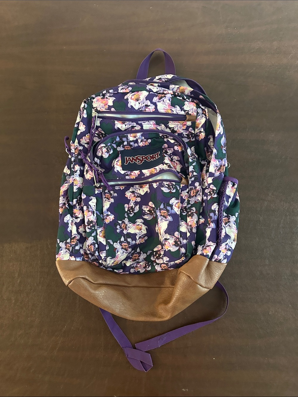 JanSport Purple Floral Backpack with Brown Base